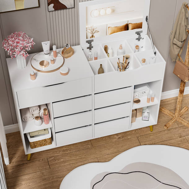 Mercer41 Queri White Dresser, Modern Storage Dresser with Mirror